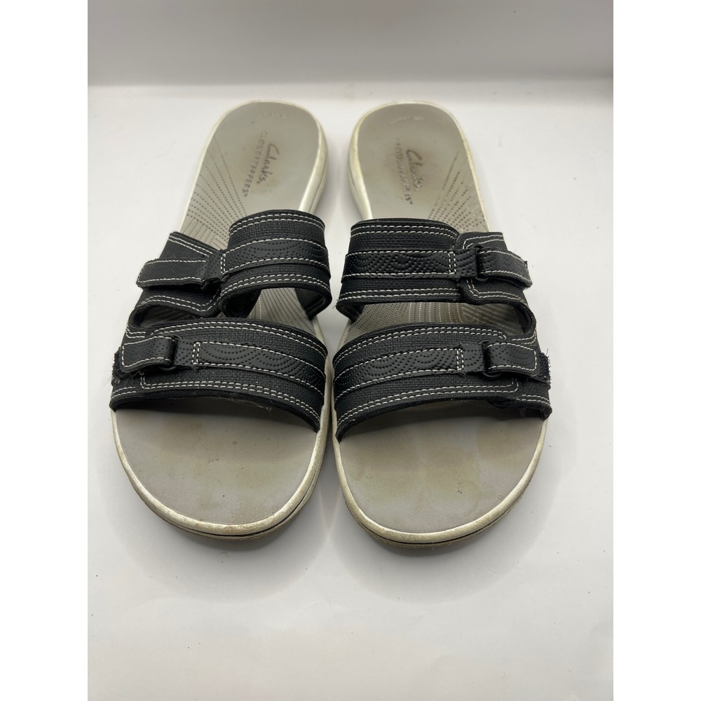 Clarks Cloudsteppers Black Adjustable Strap Slide Sandals Womens 8 Summer Beach